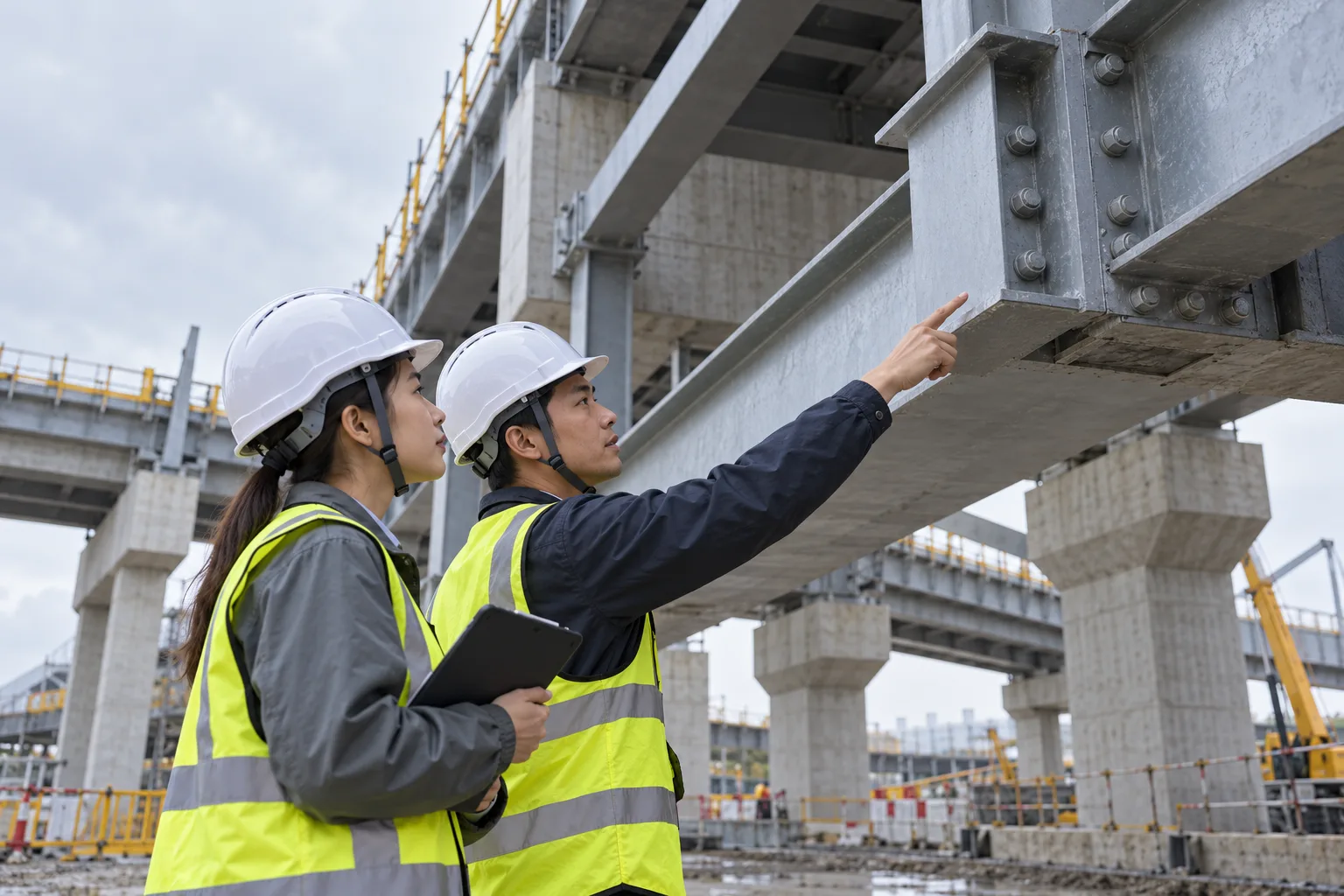 工程人員喺戶外基建現場核對鋼結構接駁